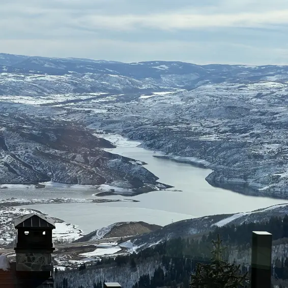 river valley with skii lodge tower in forefront
